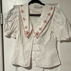 Anthropologie Greylin Blouse with puff sleeves and embroidered collar
